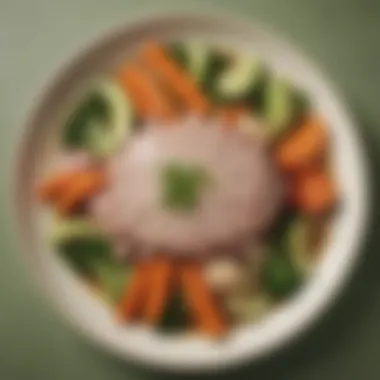 Artfully plated dish of steamed pork accompanied by vibrant seasonal vegetables.