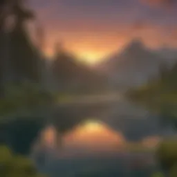 A serene lake in Hyrule, reflecting the vibrant colors of twilight.