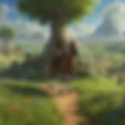 A breathtaking view of Hyrule Field at sunrise, showcasing its vast landscapes and iconic elements.