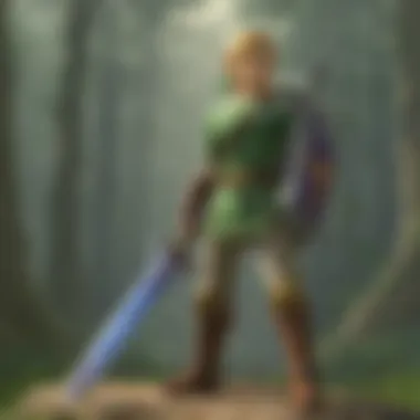 Link wielding the Master Sword in a vibrant landscape