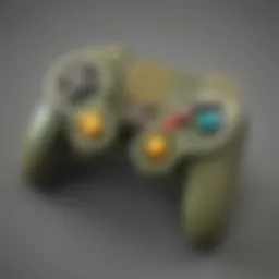 Close-up view of the original GameCube controller showcasing its unique button layout and design.