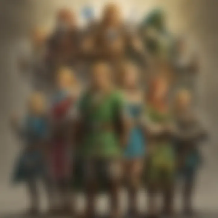 A mystical depiction of the Seven Sages gathered together in a serene Hyrule landscape, embodying their ancient wisdom and power.