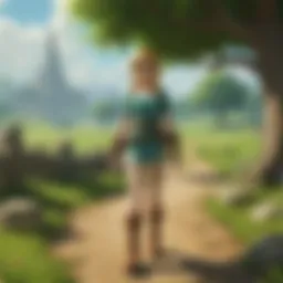 A serene training ground in the Zelda universe with lush greenery and ancient stone structures.