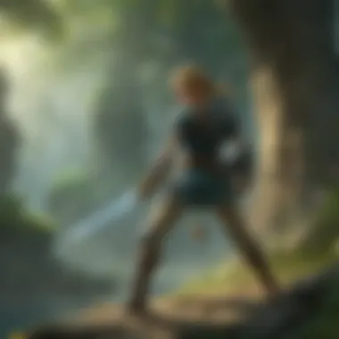 Sword Skills in a Mystical Setting A warrior honing skills with a sword in a mystical setting surrounded by glowing orbs.