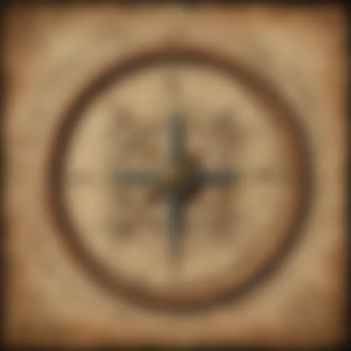 Close-up of a compass on a map with coordinates marked.