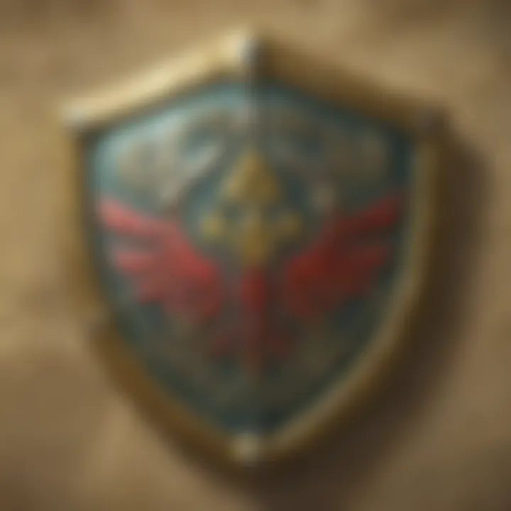 A detailed view of a unique shield design with lore elements